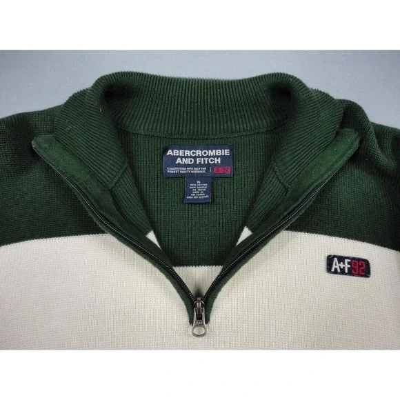 Abercrombie and Fitch Sweater Mens XL Green White Half Zip Pullover A/F 92 Logo - Picture 6 of 9